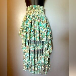 High Low Ruffled Art Silk Skirt One Size Elasticized Waistband W/ Gold Accents